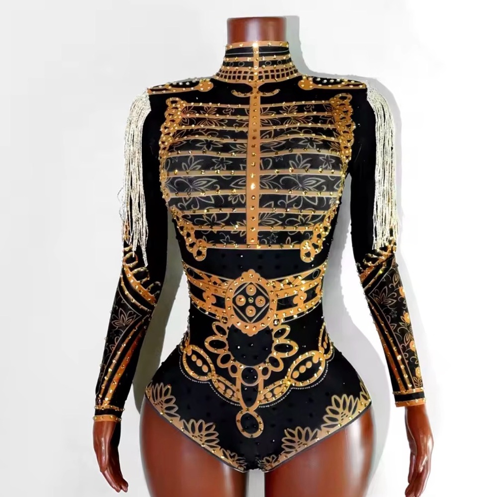 Festival Black Gold Embellished Long-Sleeve Pirate Circus Rockstar Bodysuit